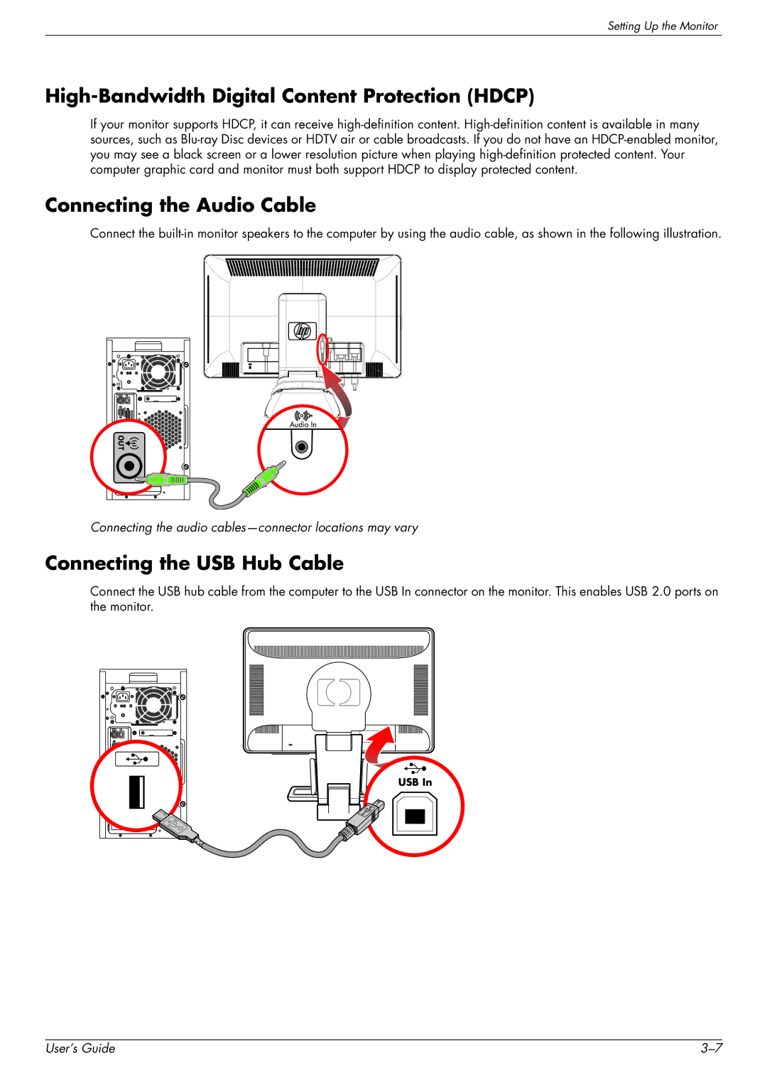 HP 2309P, 2509P High-Bandwidth Digital Content Protection Hdcp, Connecting the Audio Cable, Connecting the USB Hub Cable 