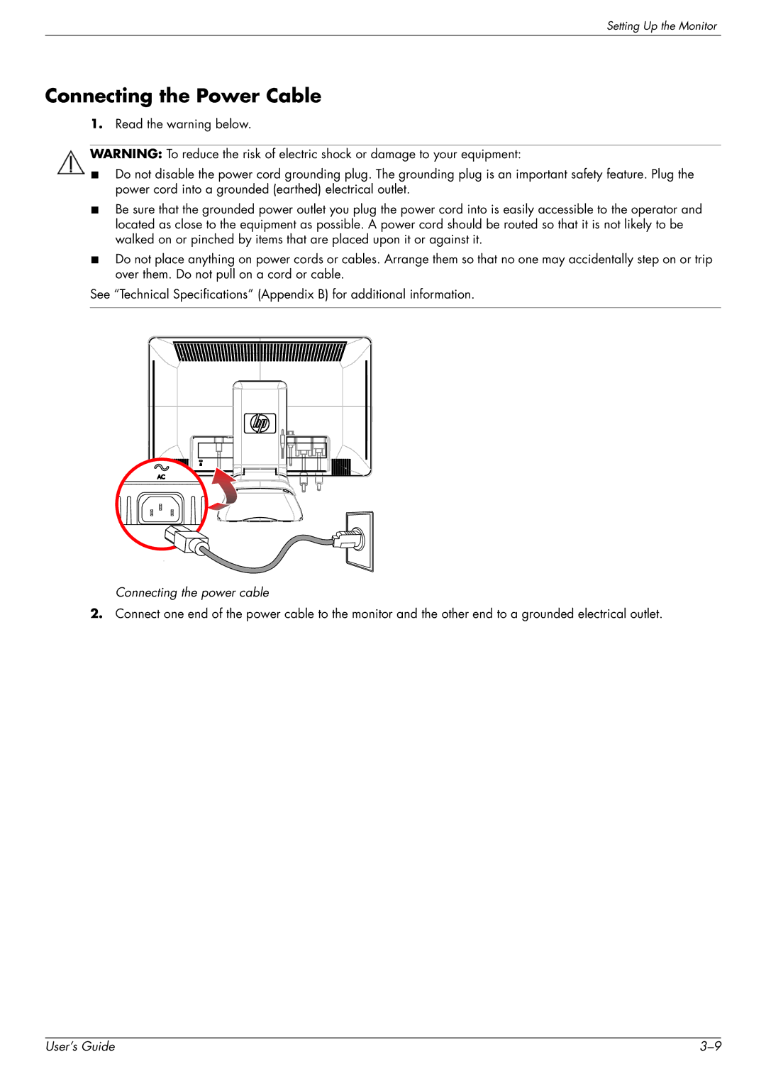 HP 2309P, 2509P manual Connecting the Power Cable, Connecting the power cable 