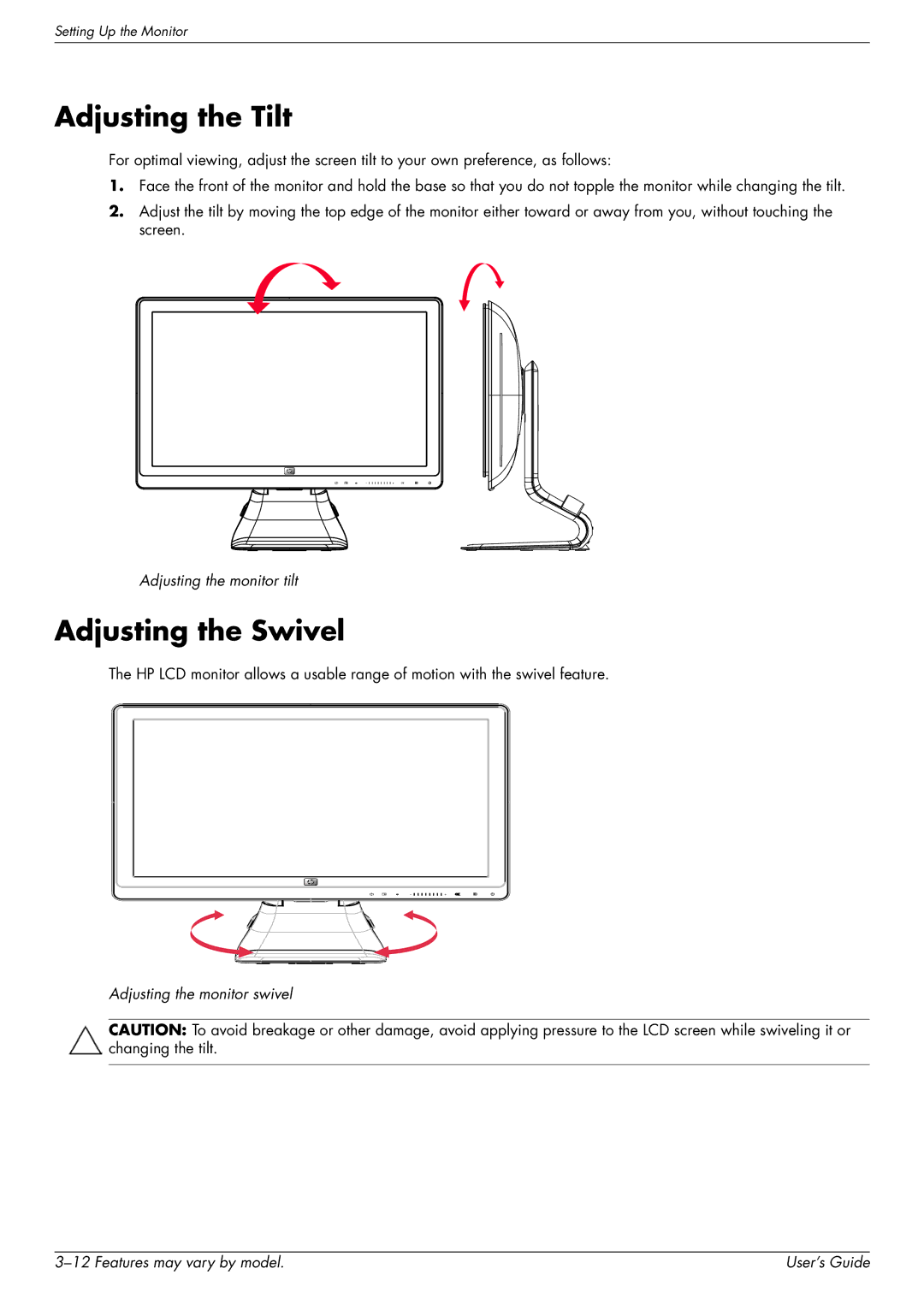 HP 2509P, 2309P manual Adjusting the Tilt, Adjusting the Swivel, Adjusting the monitor tilt 