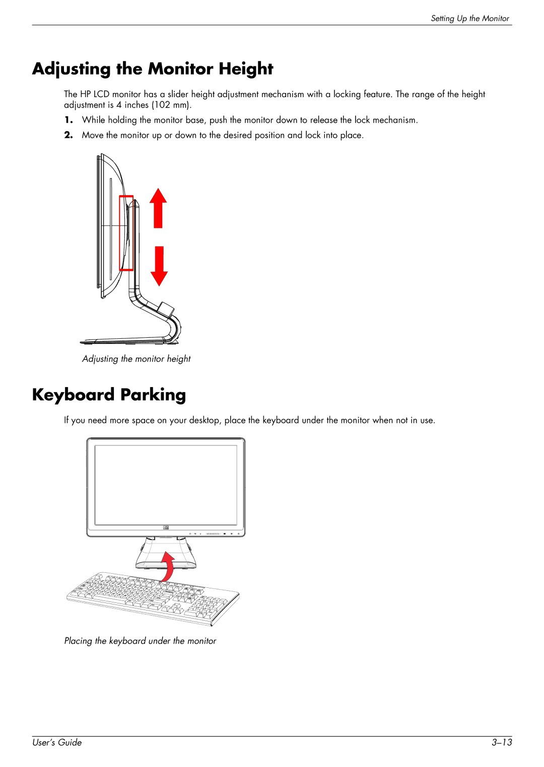 HP 2309P, 2509P manual Adjusting the Monitor Height, Keyboard Parking, Adjusting the monitor height 