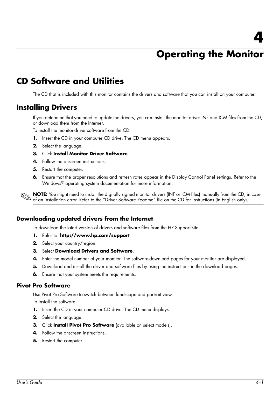 HP 2309P, 2509P manual Operating the Monitor, CD Software and Utilities, Installing Drivers 