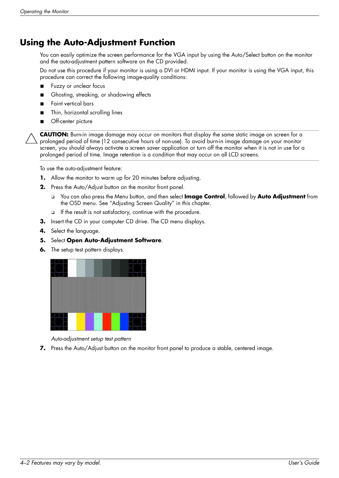 HP 2509P, 2309P manual Using the Auto-Adjustment Function, Auto-adjustment setup test pattern 