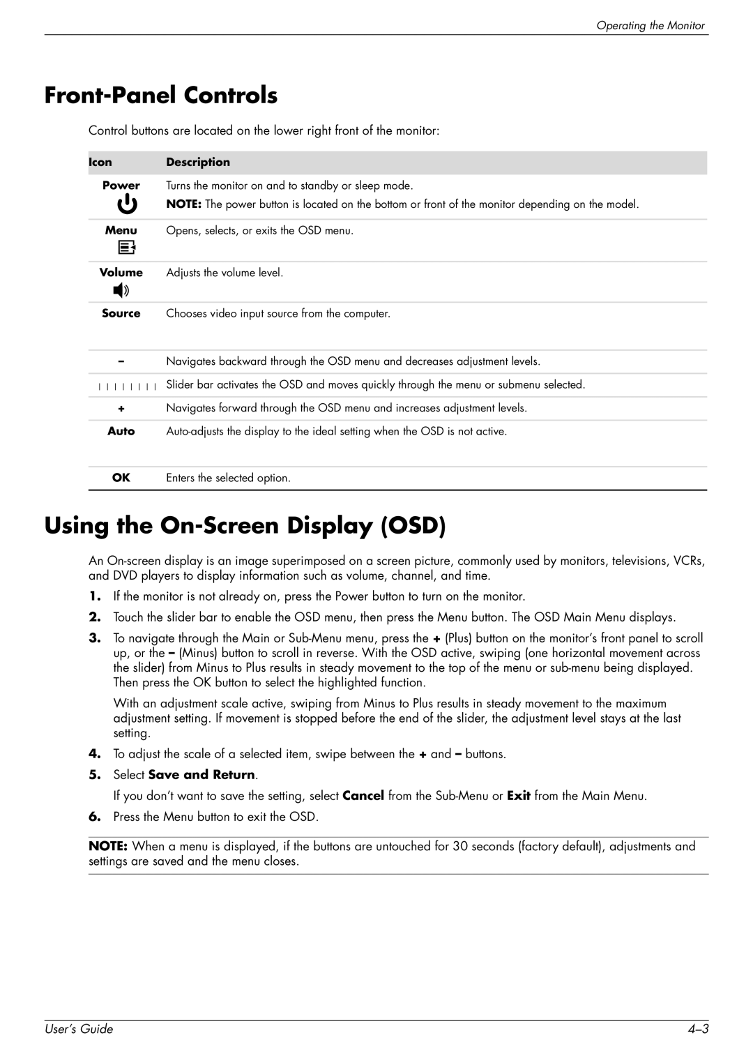 HP 2309P, 2509P manual Front-Panel Controls, Using the On-Screen Display OSD, Icon Description 