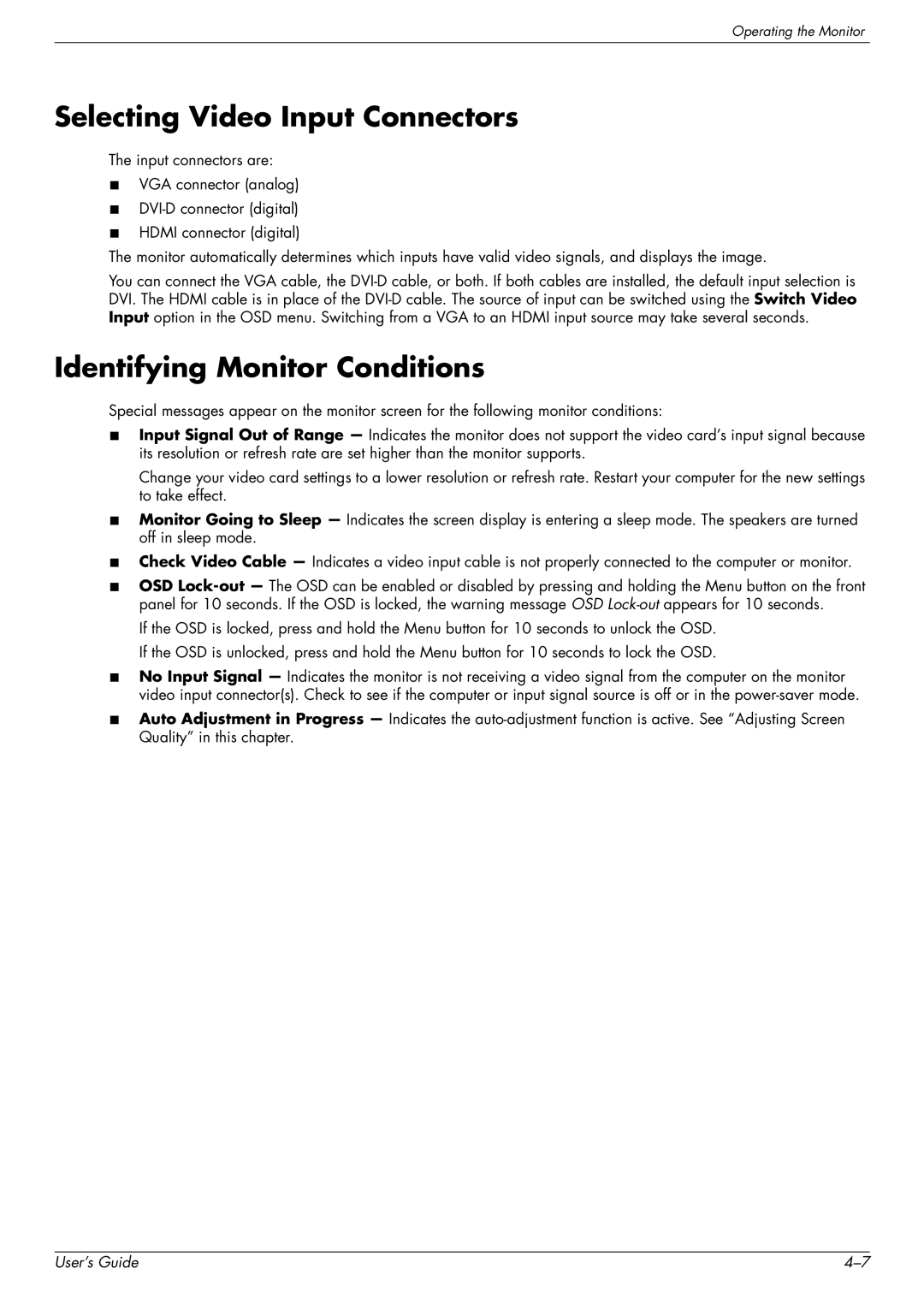 HP 2309P, 2509P manual Selecting Video Input Connectors, Identifying Monitor Conditions 