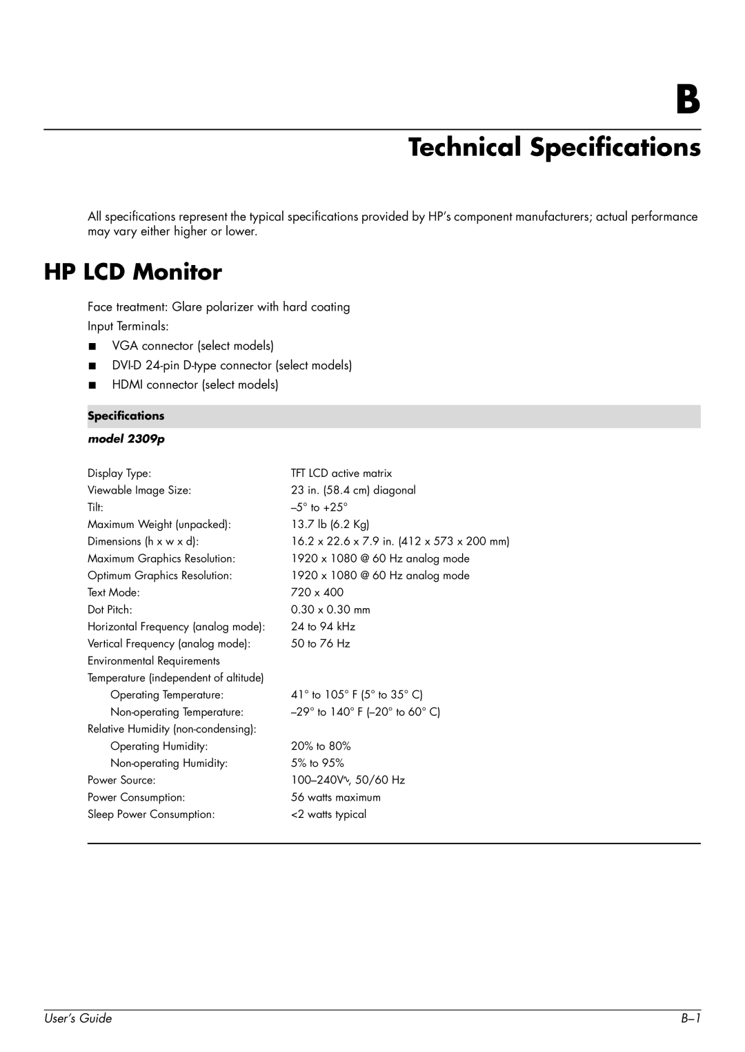 HP 2309P, 2509P manual Technical Specifications, HP LCD Monitor, Specifications model 2309p 