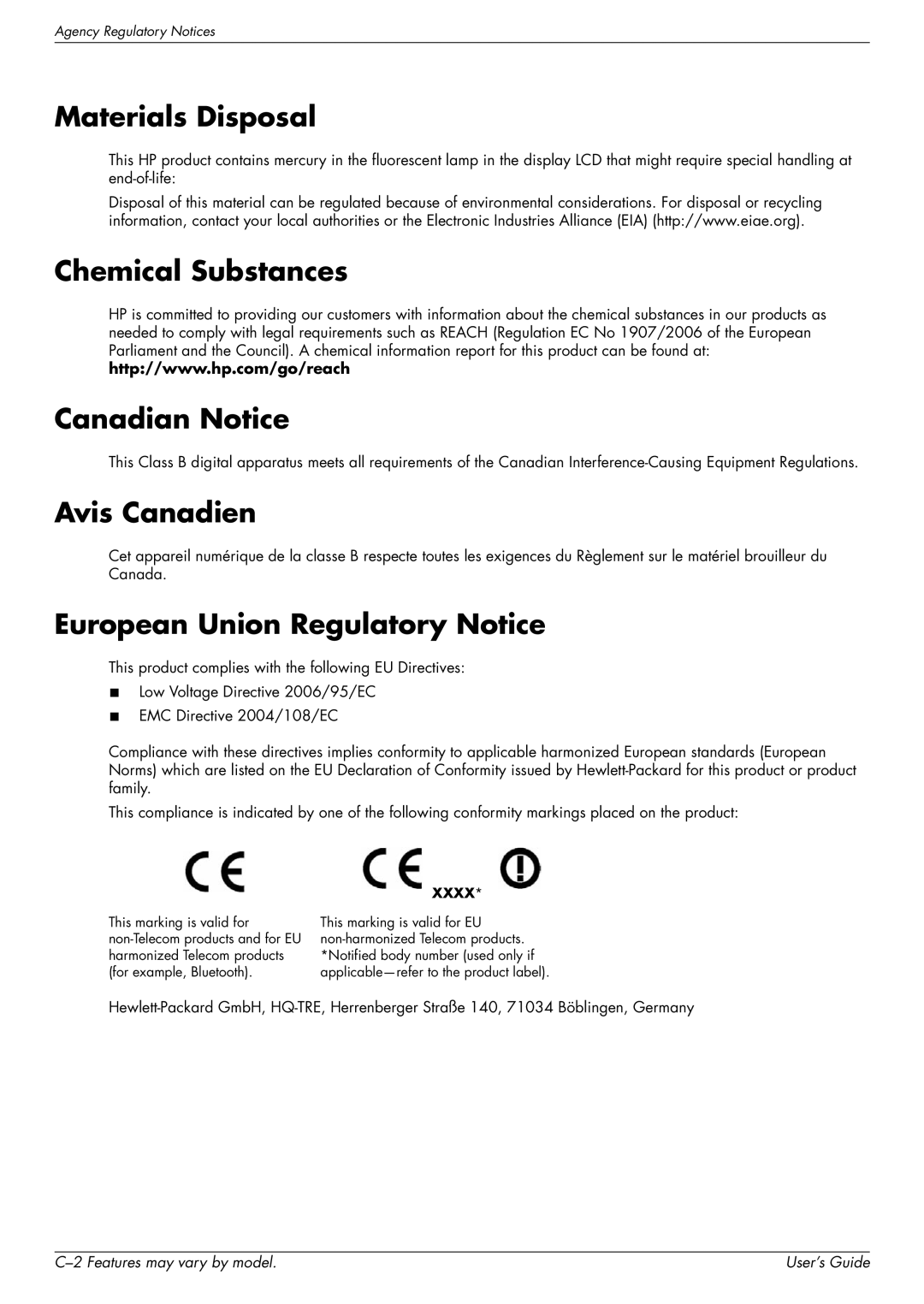 HP 2509P, 2309P Materials Disposal, Chemical Substances Canadian Notice, Avis Canadien, European Union Regulatory Notice 