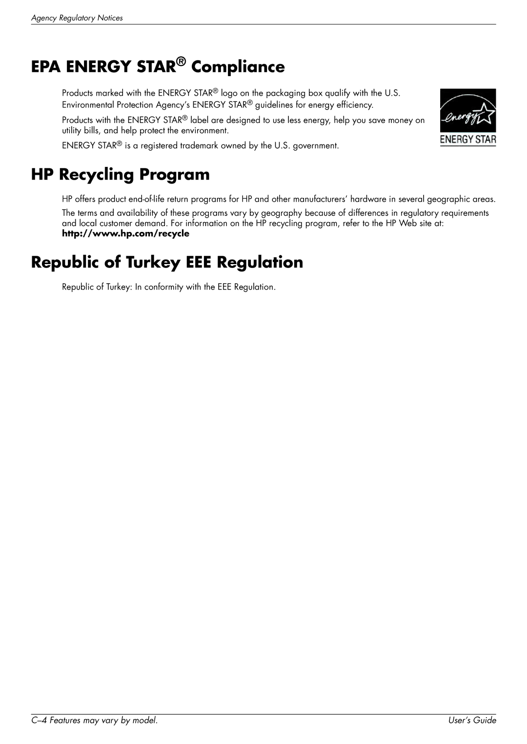 HP 2509P, 2309P manual EPA Energy Star Compliance, HP Recycling Program, Republic of Turkey EEE Regulation 