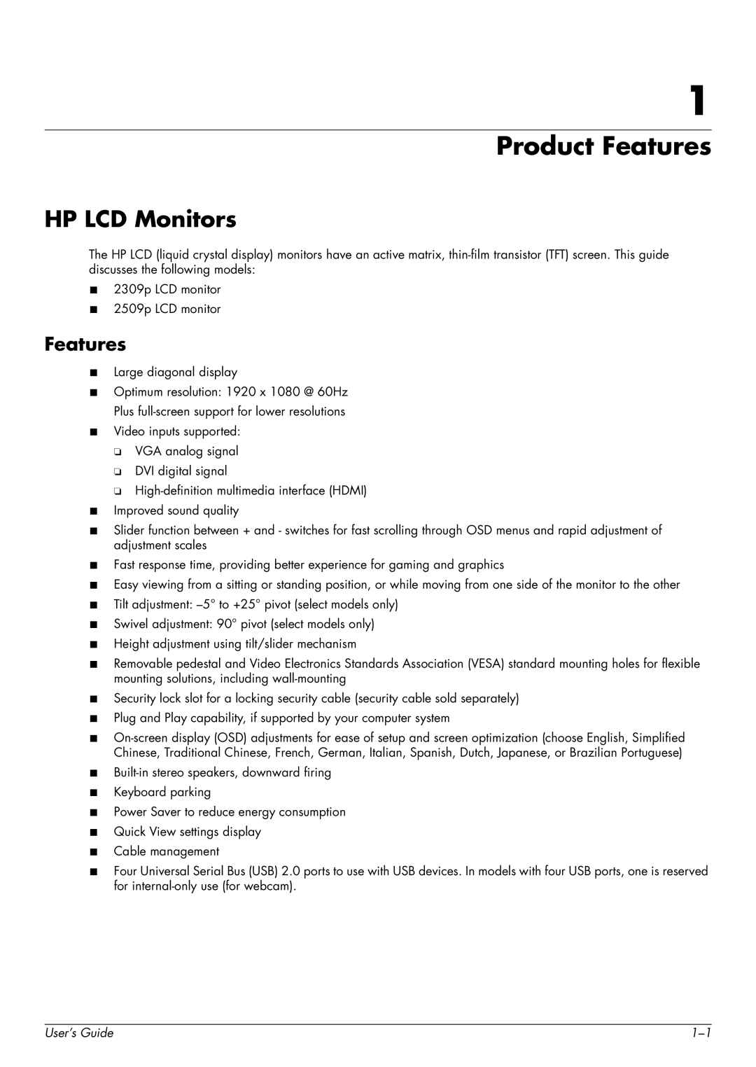 HP 2309P, 2509P manual Product Features, HP LCD Monitors 