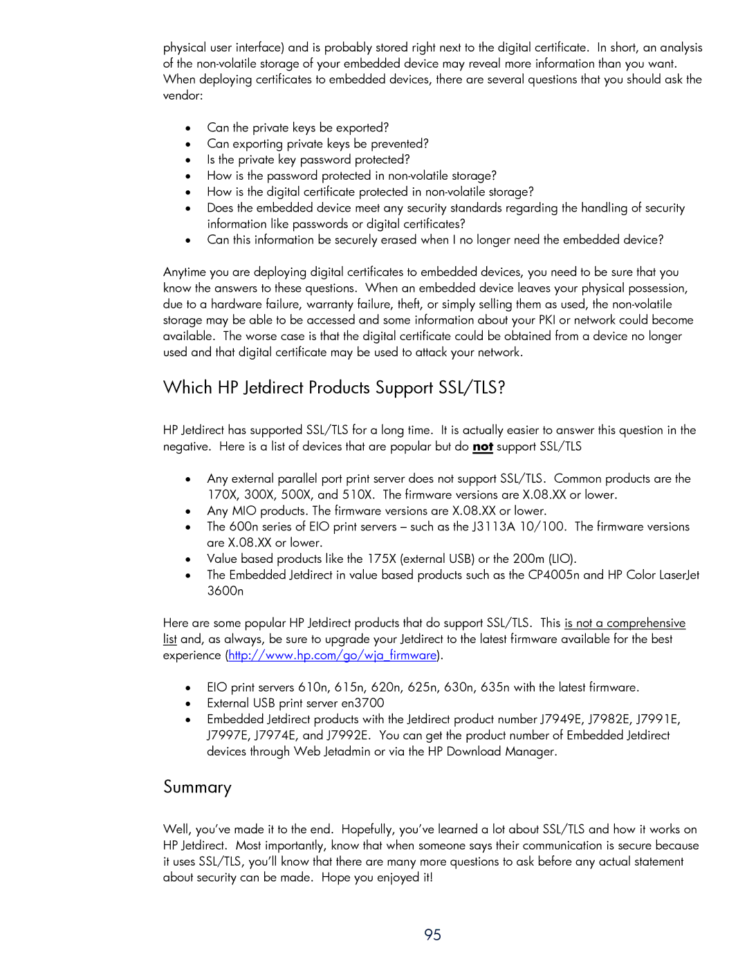 HP 250m Print Server for Fast Ethernet manual Which HP Jetdirect Products Support SSL/TLS?, Summary 