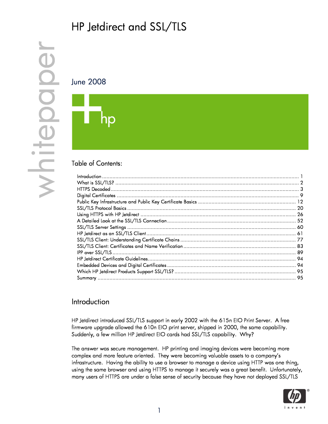 HP 250m Print Server for Fast Ethernet manual Introduction, whitepaper, HP Jetdirect and SSL/TLS, June, Table of Contents 