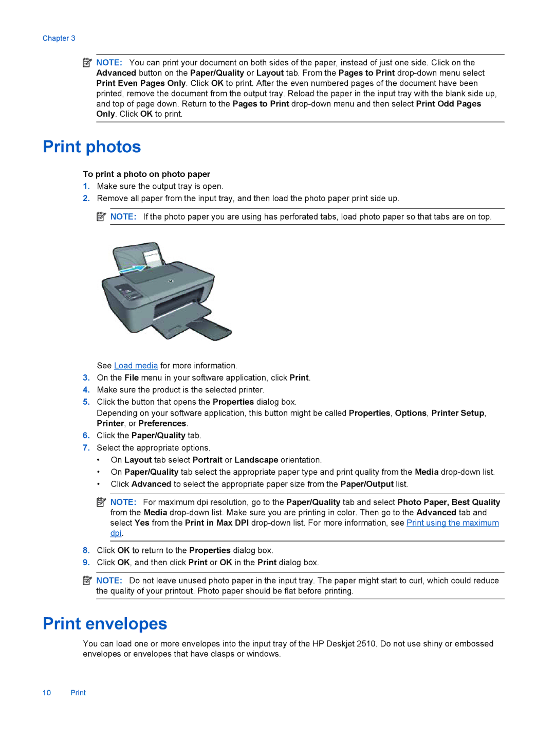 HP 2510 CX028A manual Print photos, Print envelopes, To print a photo on photo paper 