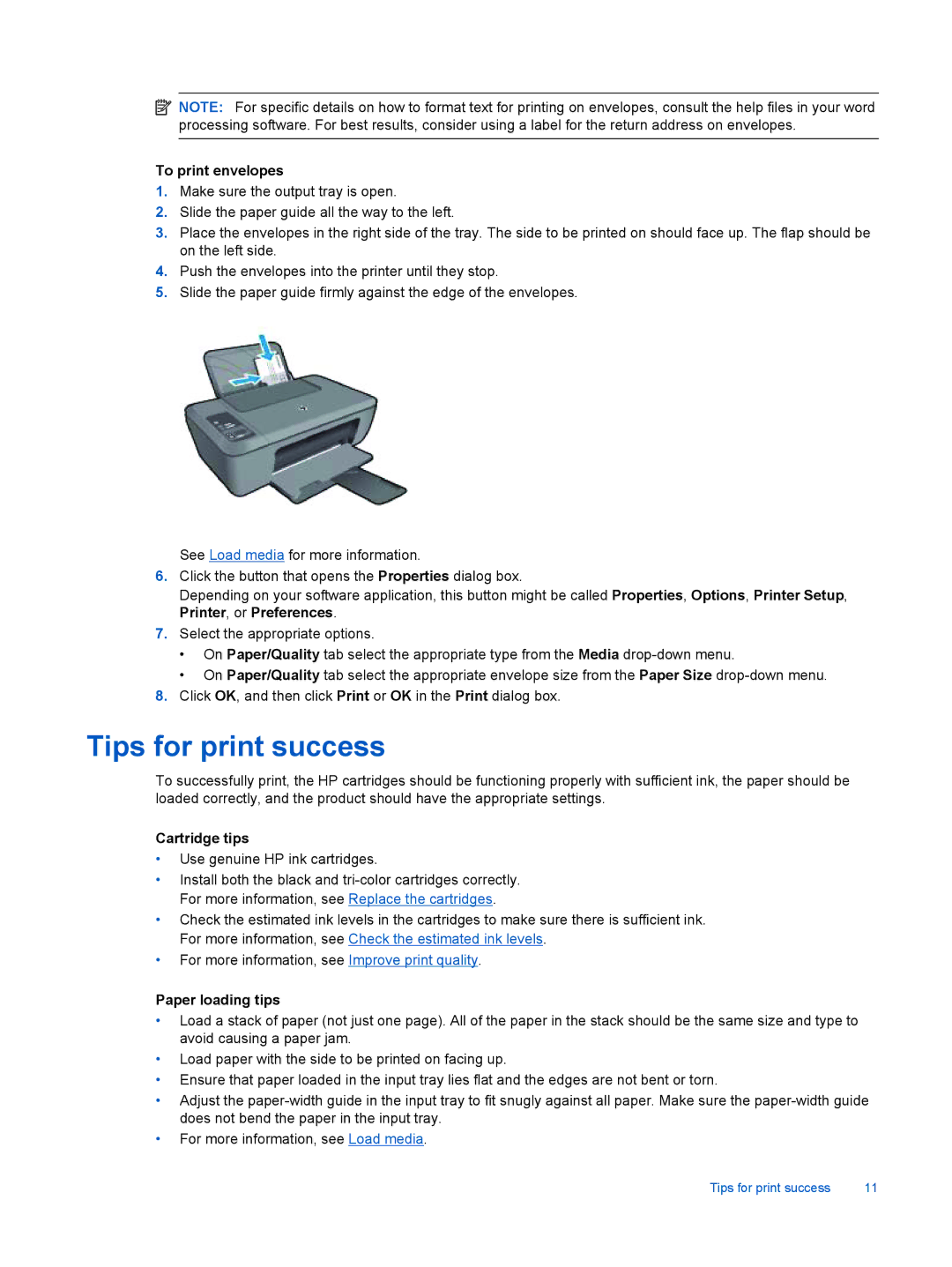 HP 2510 CX028A manual Tips for print success, To print envelopes, Cartridge tips, Paper loading tips 