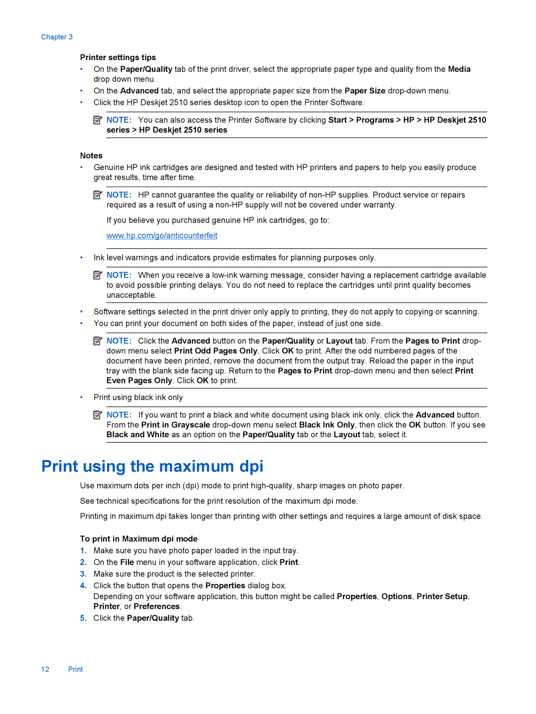 HP 2510 CX028A manual Print using the maximum dpi, Printer settings tips, To print in Maximum dpi mode 