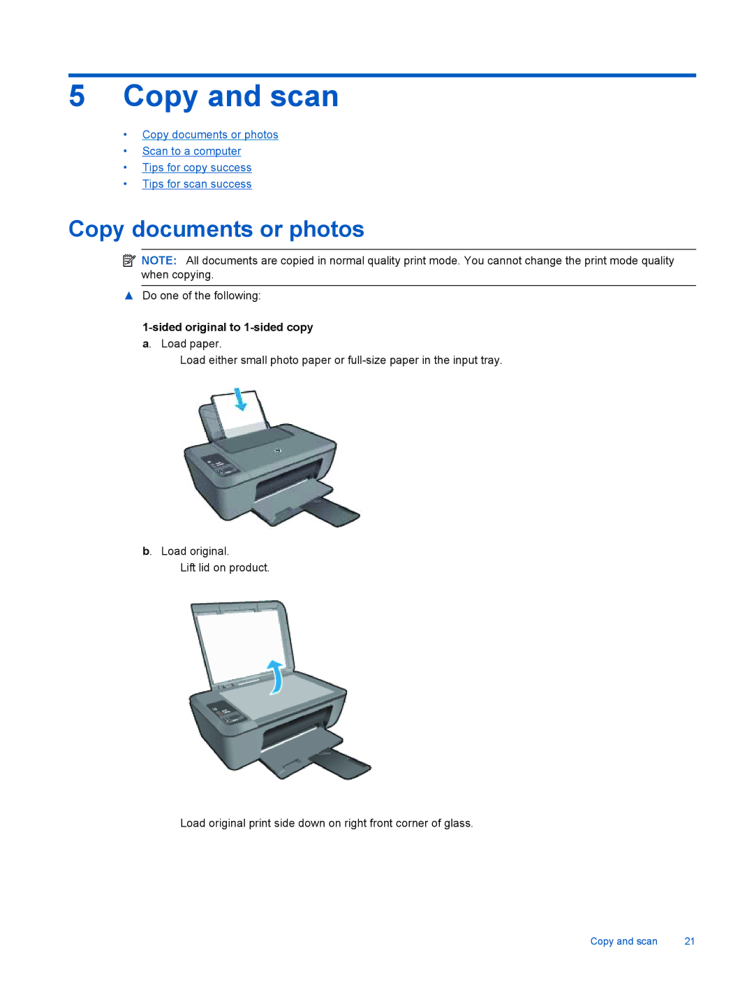 HP 2510 CX028A manual Copy and scan, Copy documents or photos, Sided original to 1-sided copy a. Load paper 