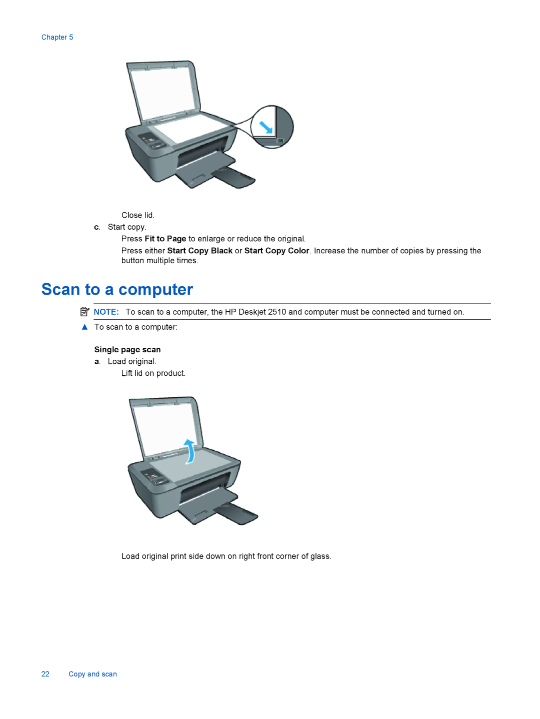 HP 2510 CX028A manual Scan to a computer, Single page scan a. Load original 