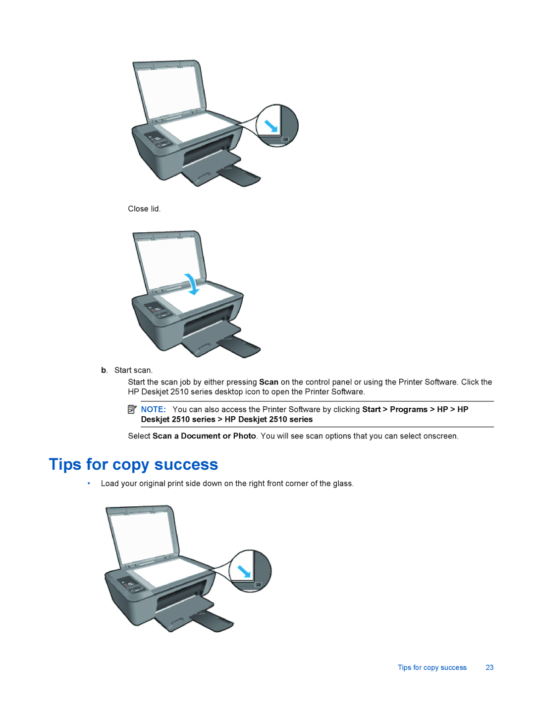 HP 2510 CX028A manual Tips for copy success, Deskjet 2510 series HP Deskjet 2510 series 