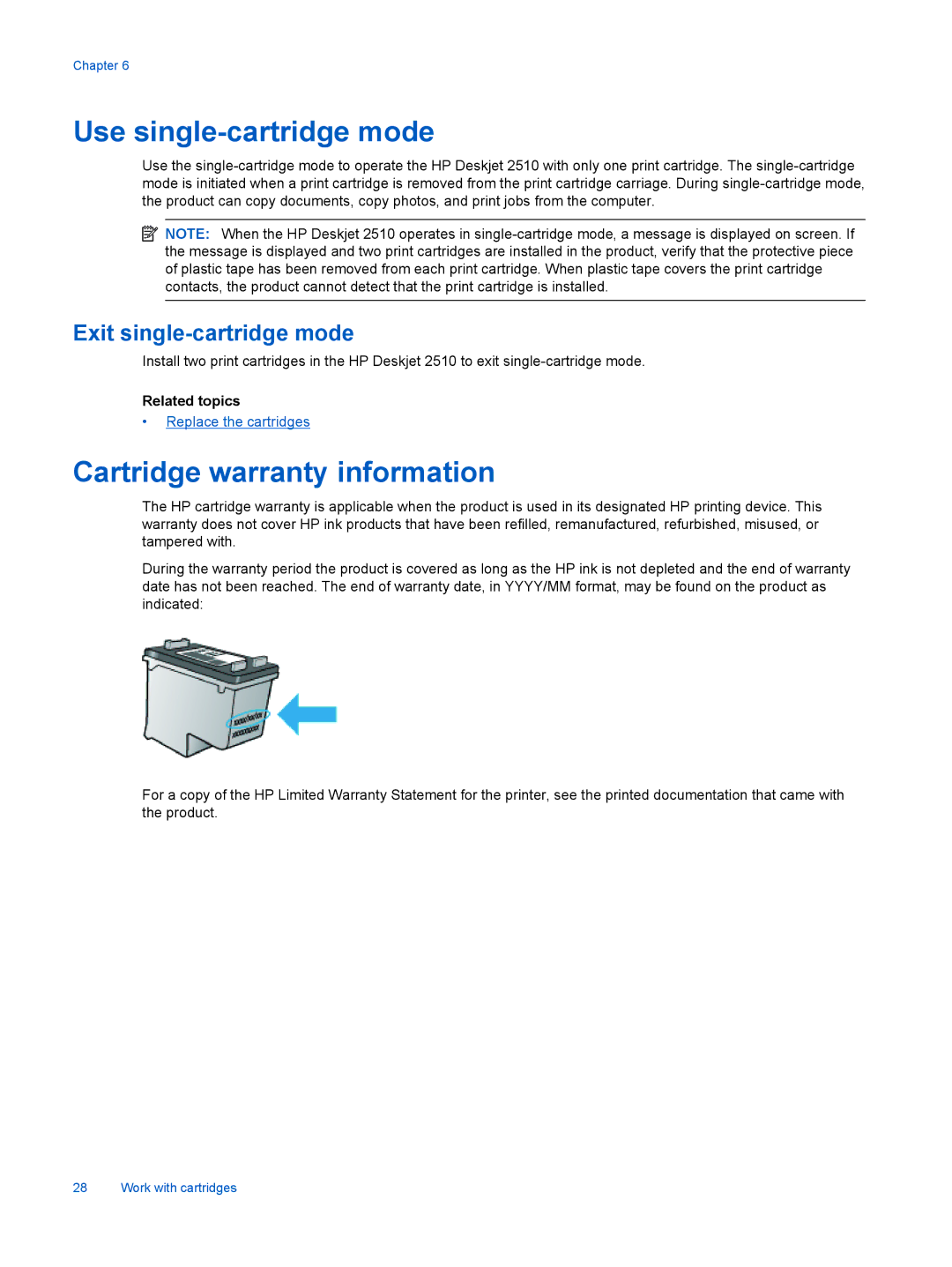 HP 2510 CX028A manual Use single-cartridge mode, Cartridge warranty information 