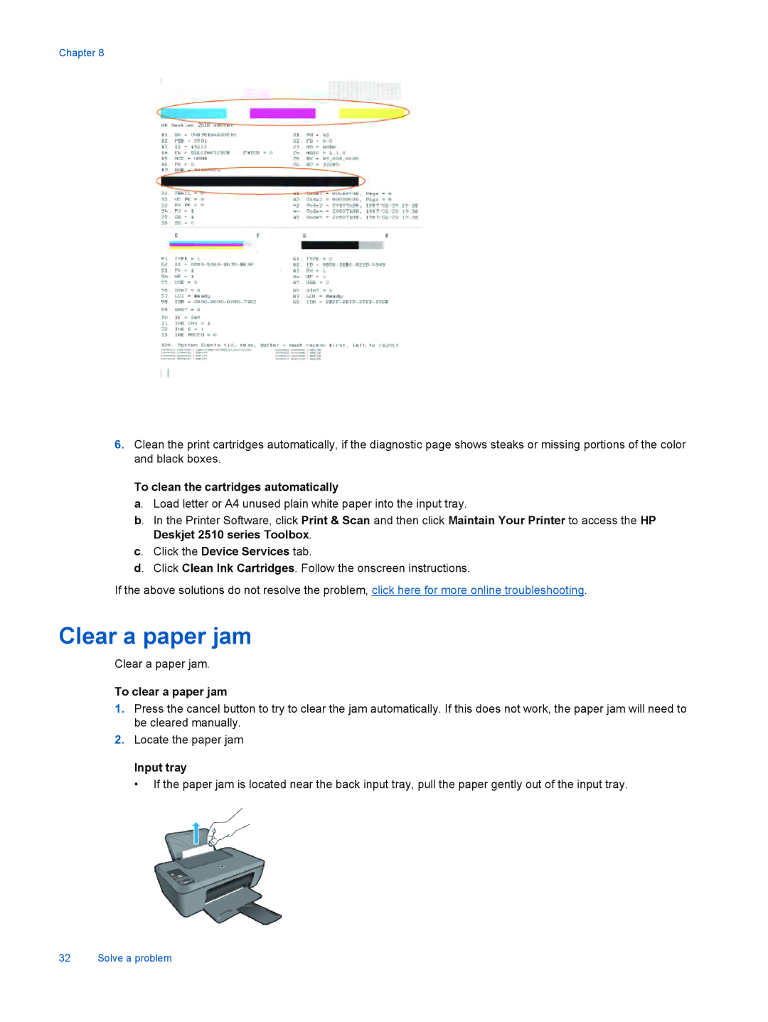 HP 2510 CX028A manual Clear a paper jam, To clean the cartridges automatically, Click the Device Services tab, Input tray 