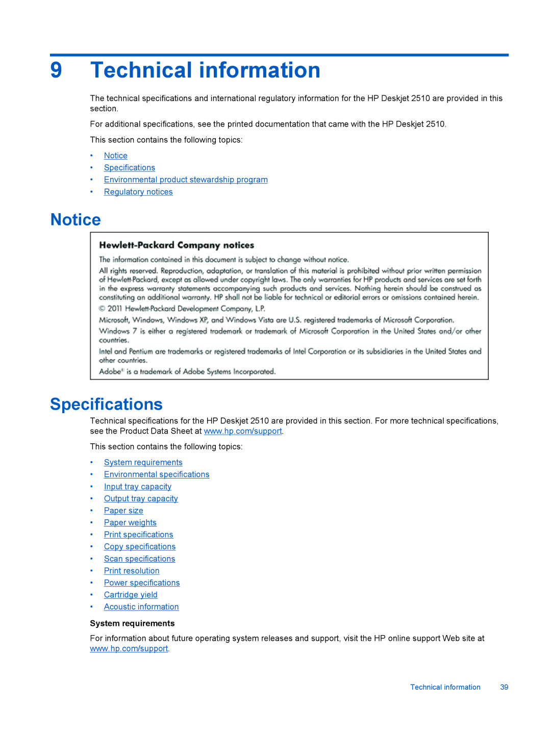 HP 2510 CX028A manual Technical information, Specifications, System requirements 