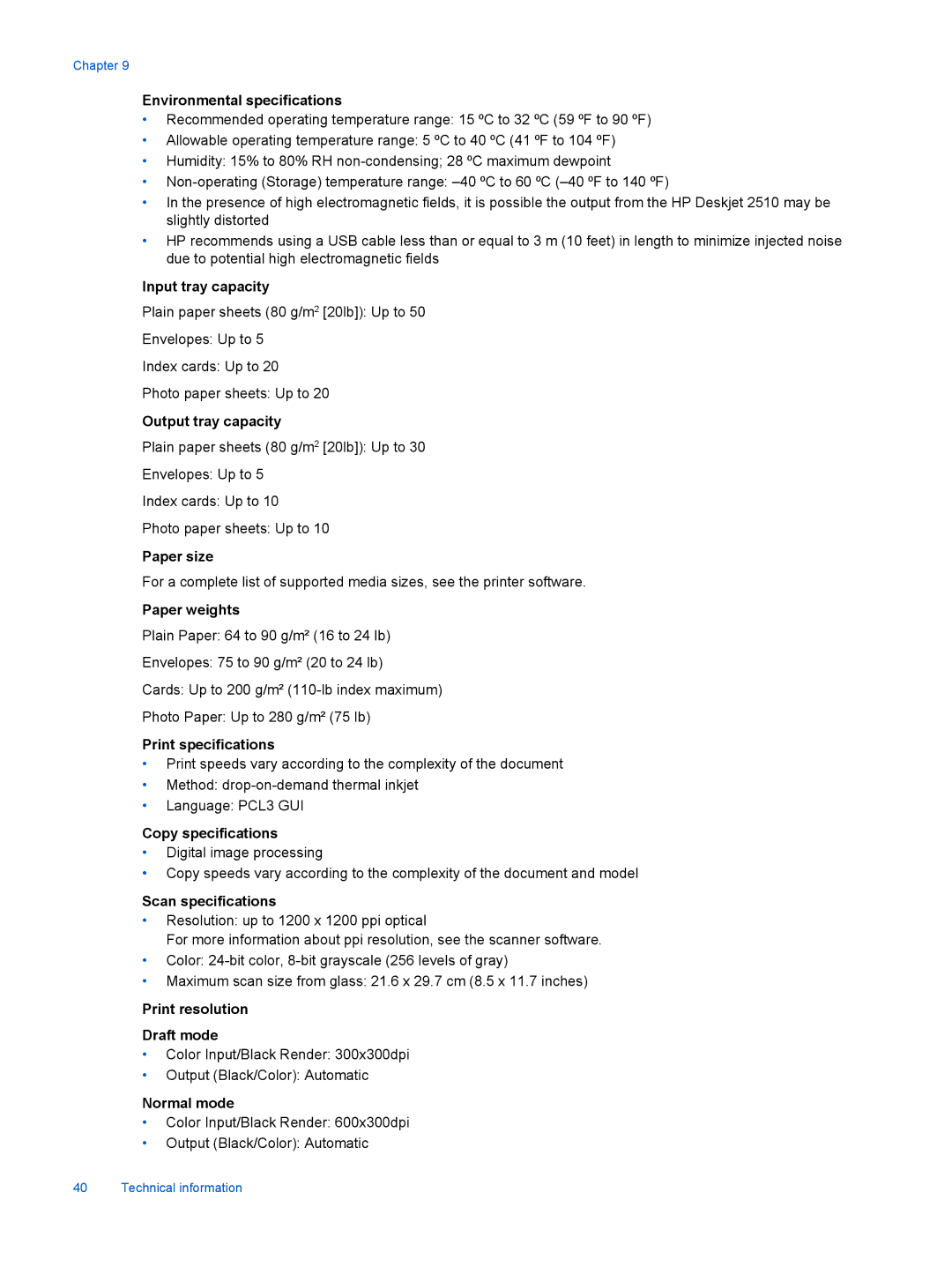 HP 2510 CX028A manual Environmental specifications, Input tray capacity, Output tray capacity, Paper size, Paper weights 