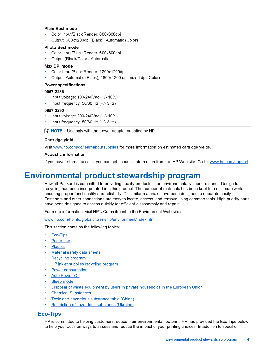 HP 2510 CX028A manual Environmental product stewardship program 