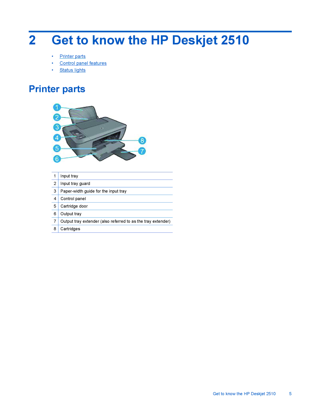 HP 2510 CX028A manual Get to know the HP Deskjet, Printer parts 