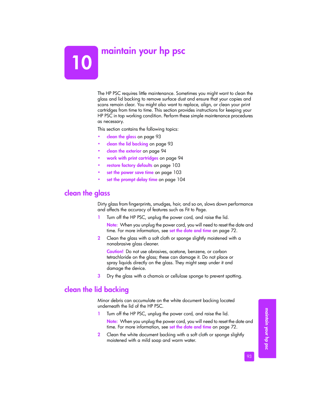 HP 2510xi manual Maintain your hp psc, Clean the glass, Clean the lid backing 