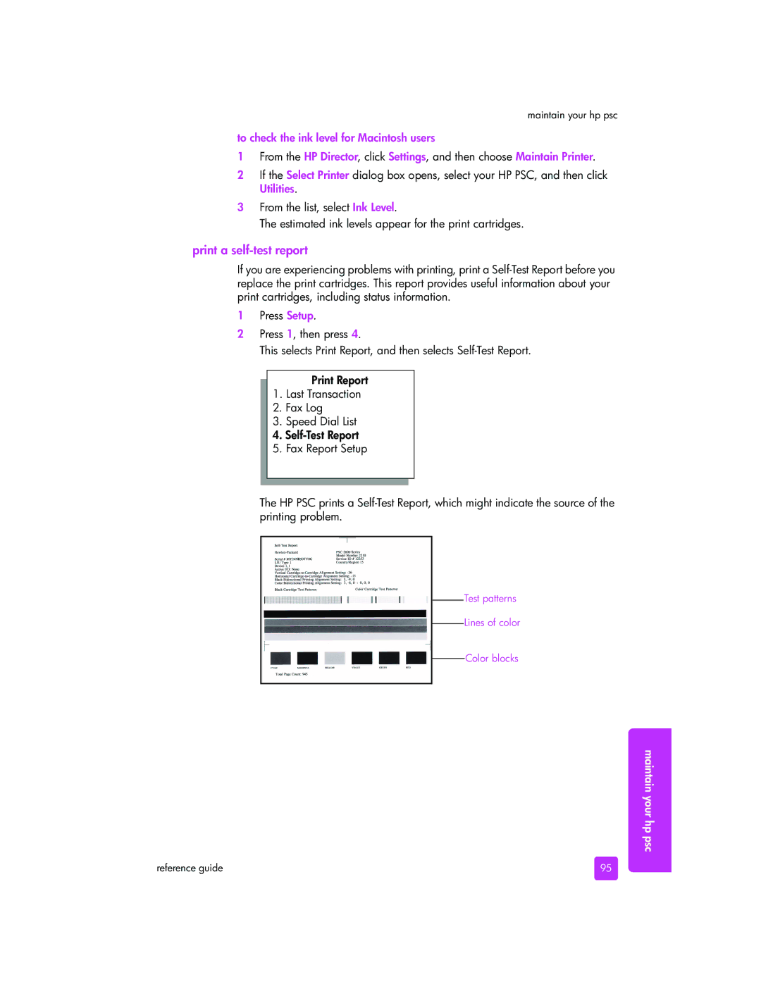 HP 2510xi manual Print a self-test report, To check the ink level for Macintosh users 