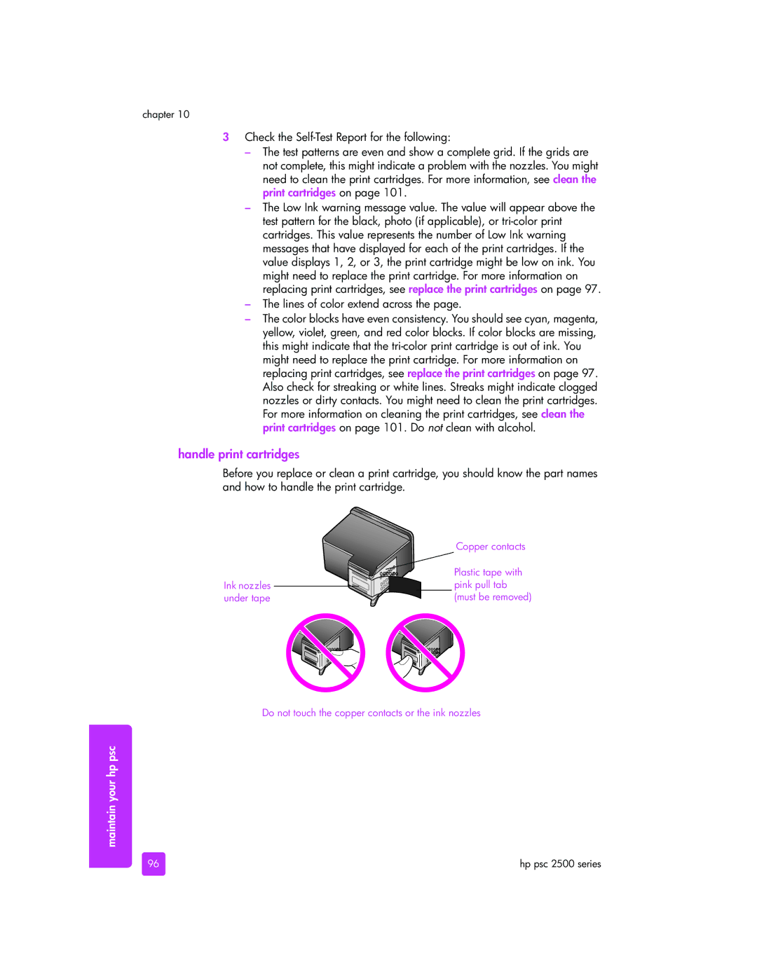 HP 2510xi manual Handle print cartridges, Lines of color extend across 