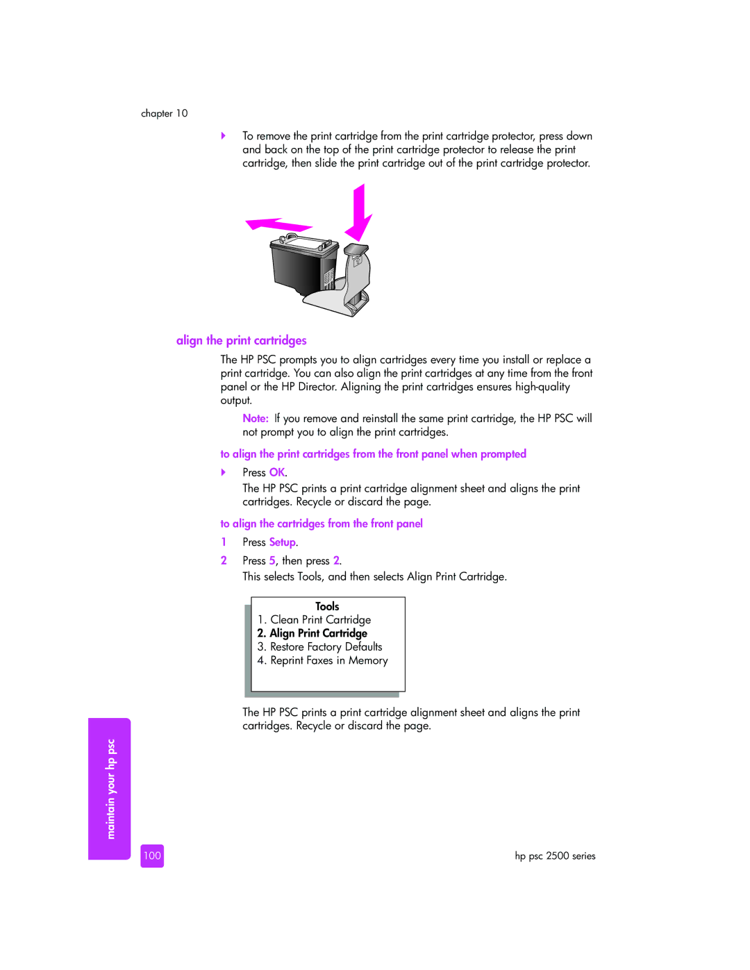 HP 2510xi manual Align the print cartridges, To align the cartridges from the front panel, 100 