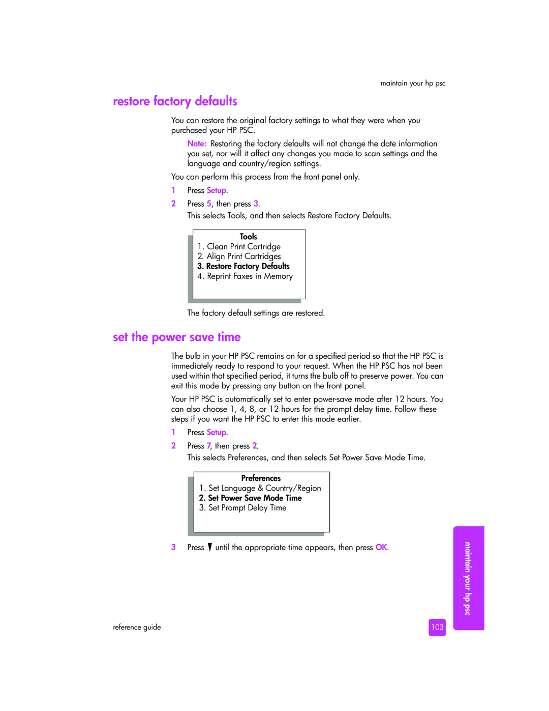 HP 2510xi Restore factory defaults, Set the power save time, Press until the appropriate time appears, then press OK, 103 