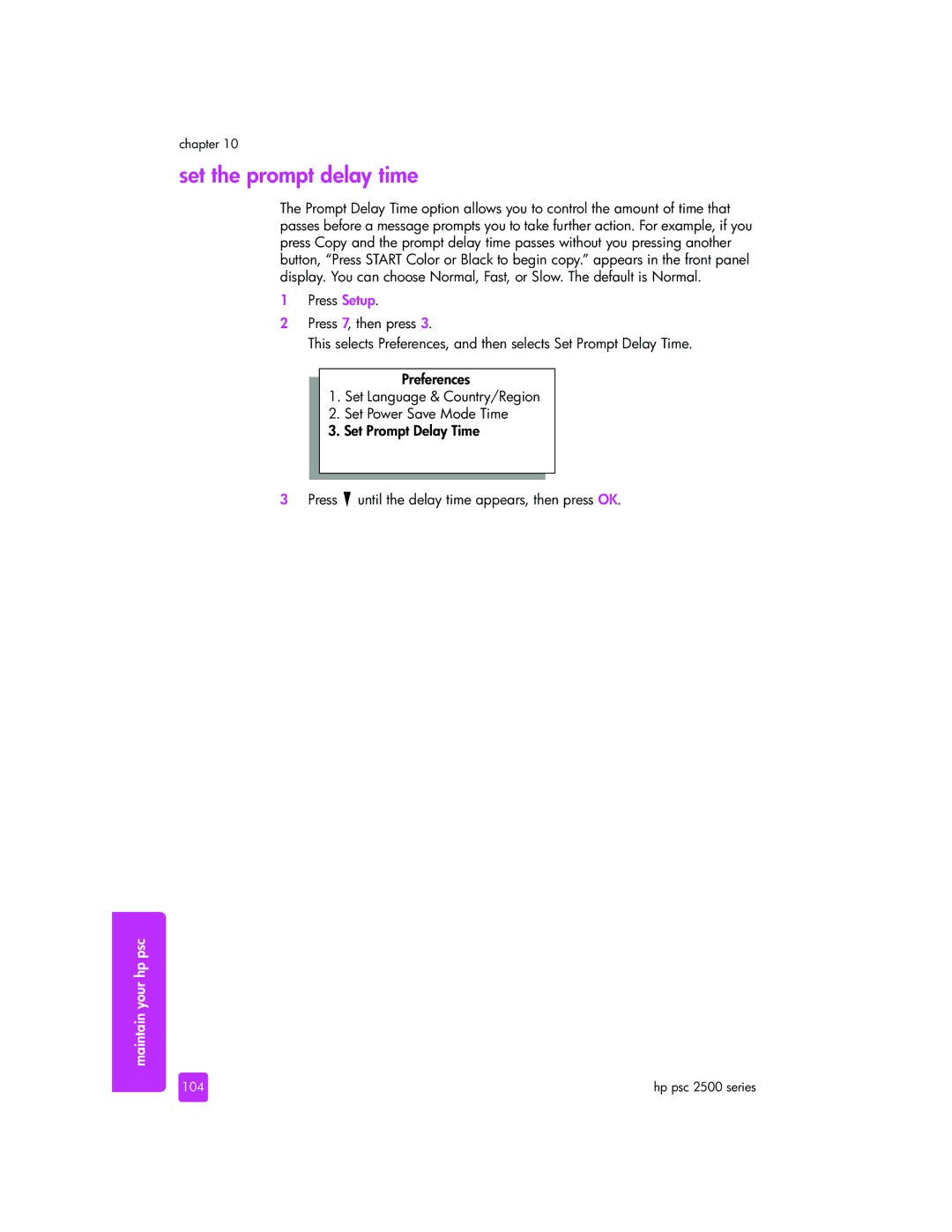 HP 2510xi manual Set the prompt delay time, 104 