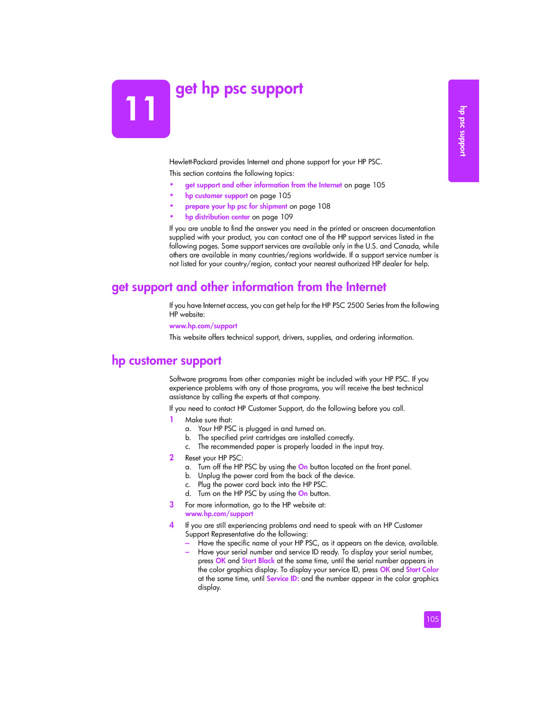 HP 2510xi manual Get hp psc support, Get support and other information from the Internet, Hp customer support, 105 