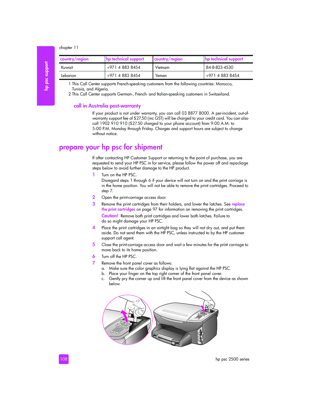 HP 2510xi manual Prepare your hp psc for shipment, Call in Australia post-warranty, 108 