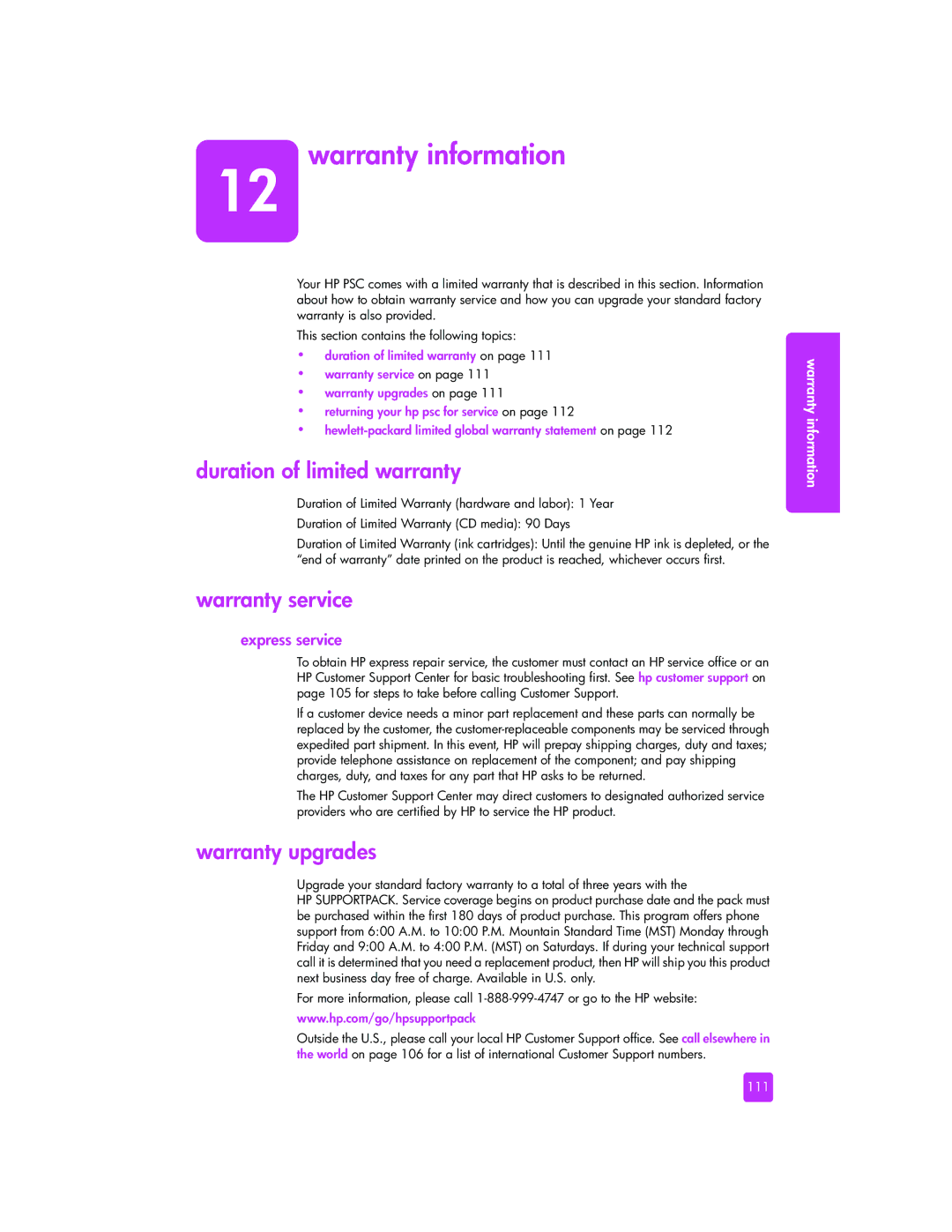 HP 2510xi manual Warranty information, Duration of limited warranty, Warranty service, Warranty upgrades, Express service 