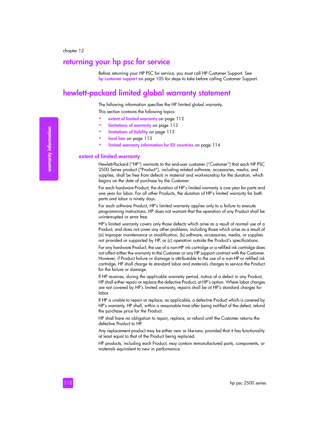HP 2510xi Returning your hp psc for service, Hewlett-packard limited global warranty statement, Extent of limited warranty 
