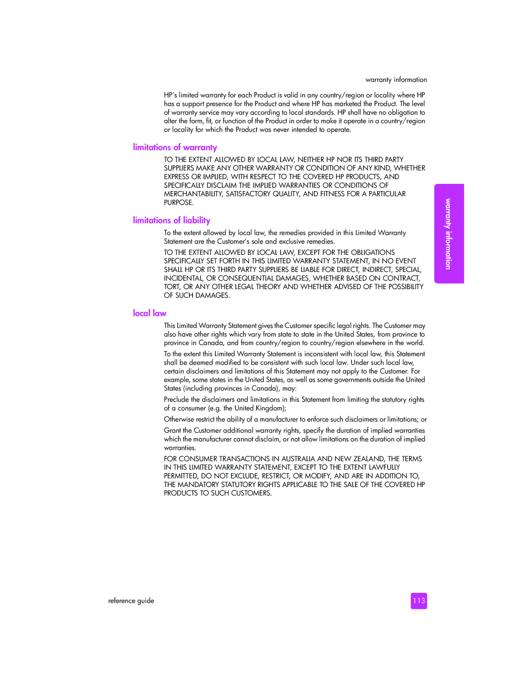 HP 2510xi manual Limitations of warranty, Limitations of liability, Local law, 113 