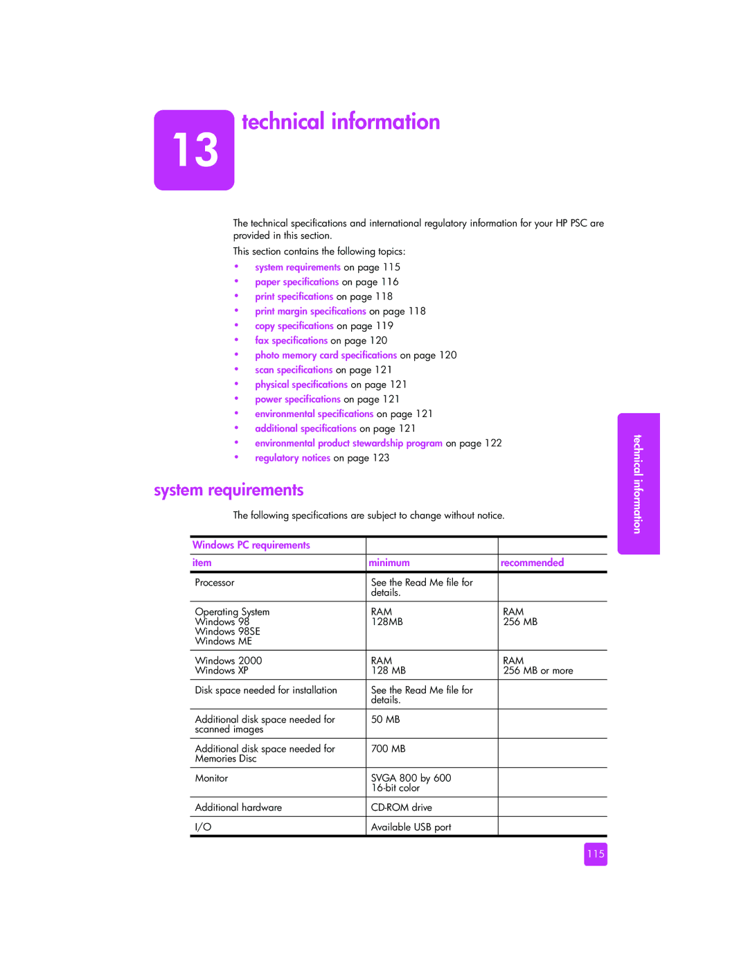 HP 2510xi manual Technical information, System requirements, 115 