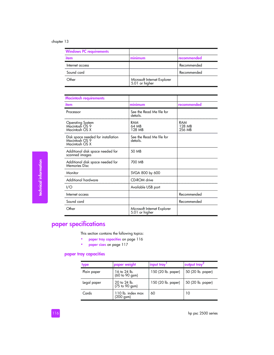 HP 2510xi manual Paper specifications, Paper tray capacities, Technical, 116 