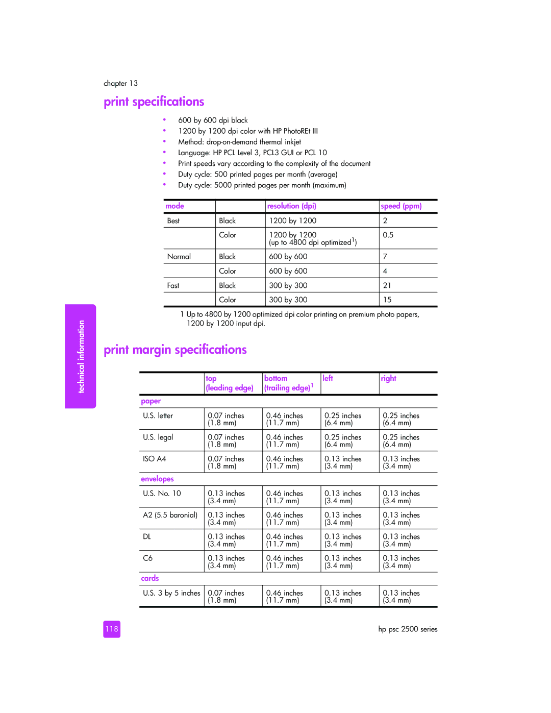 HP 2510xi manual Print specifications, Print margin specifications, 118 