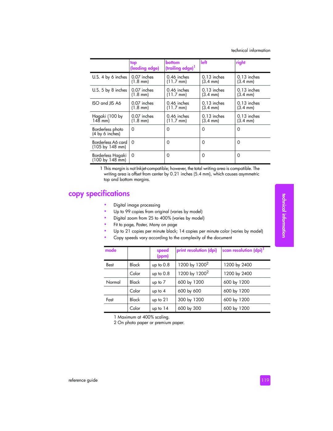 HP 2510xi manual Copy specifications, 119 