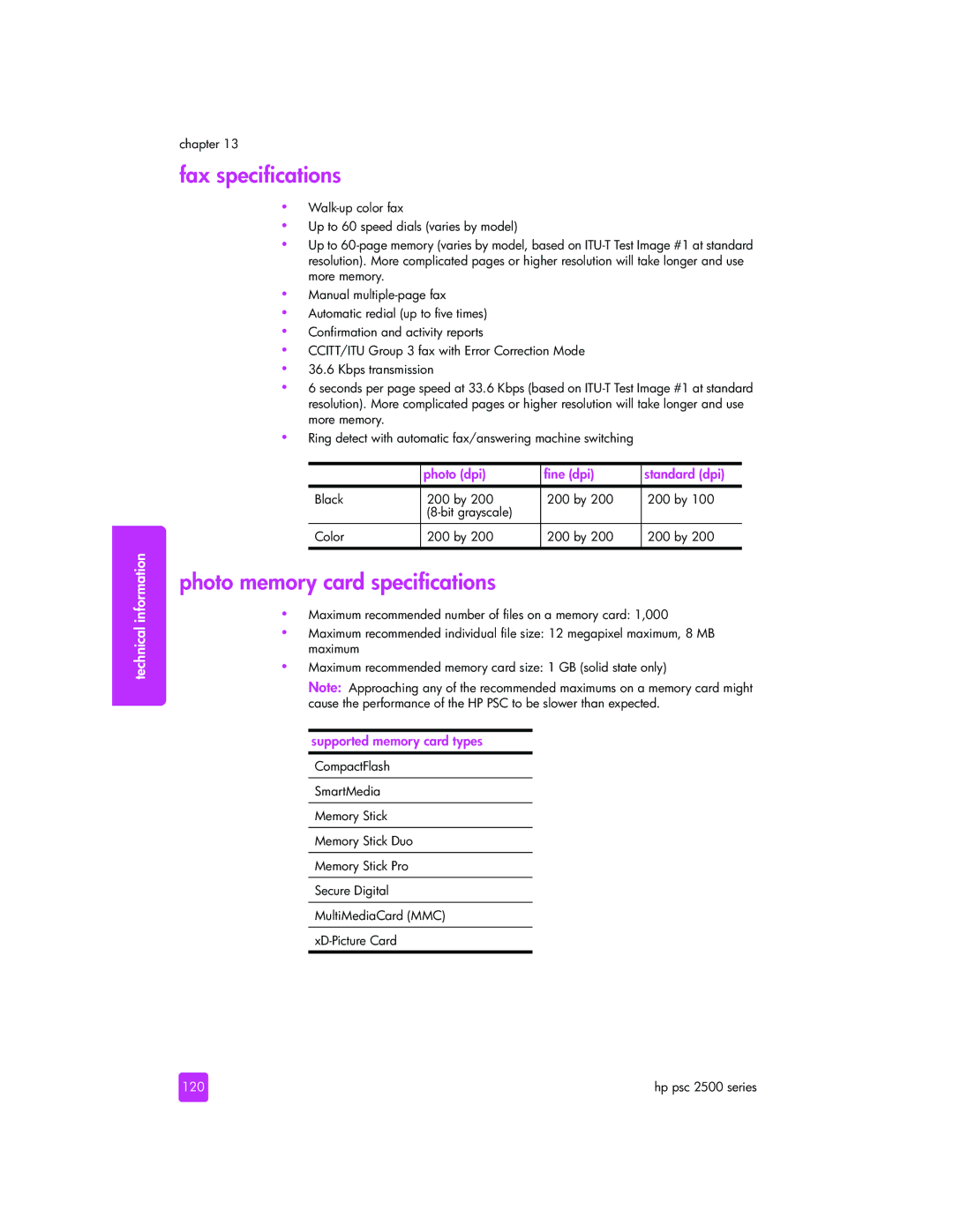 HP 2510xi manual Fax specifications, Photo memory card specifications, 120 