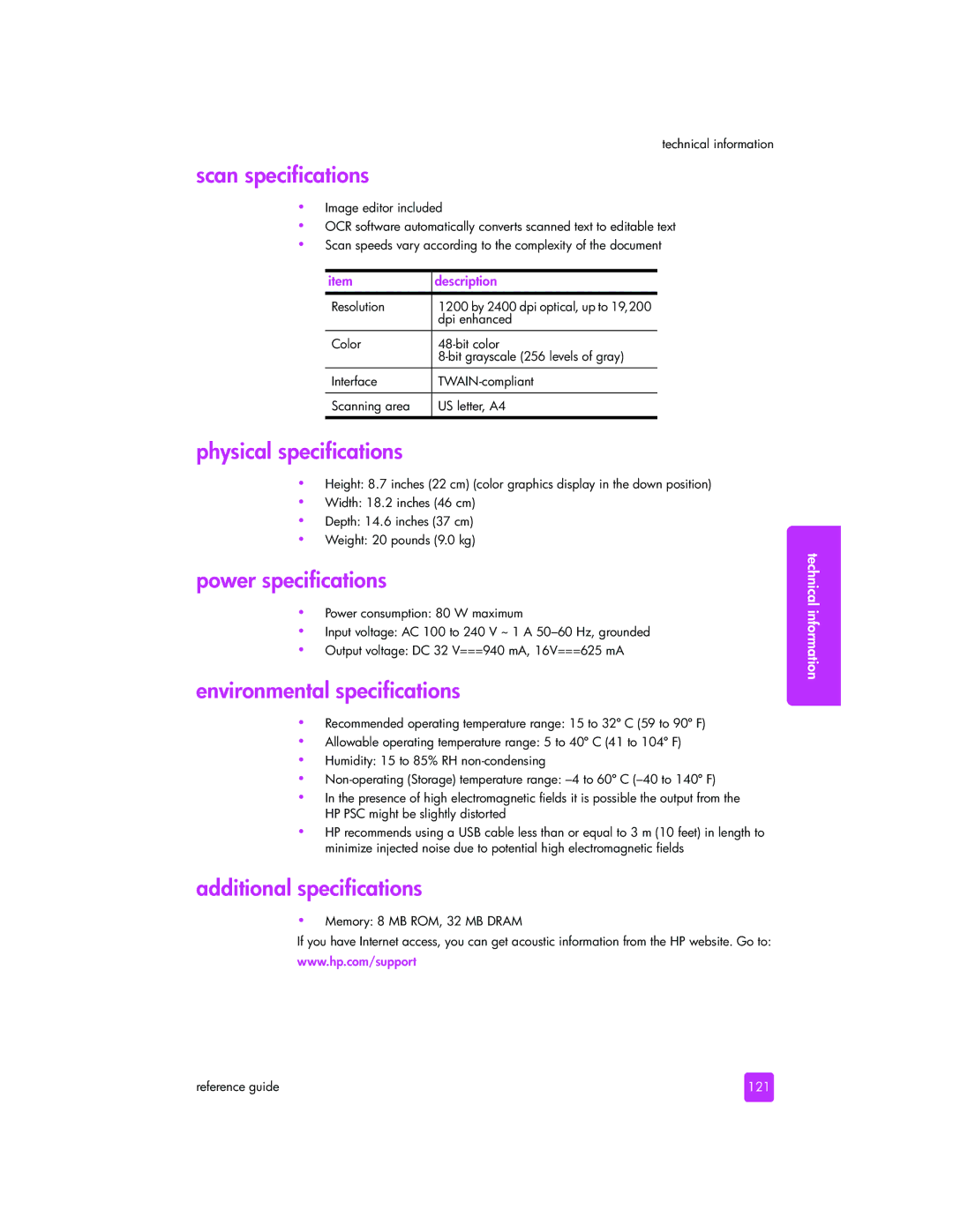 HP 2510xi manual Scan specifications, Physical specifications, Power specifications, Environmental specifications 