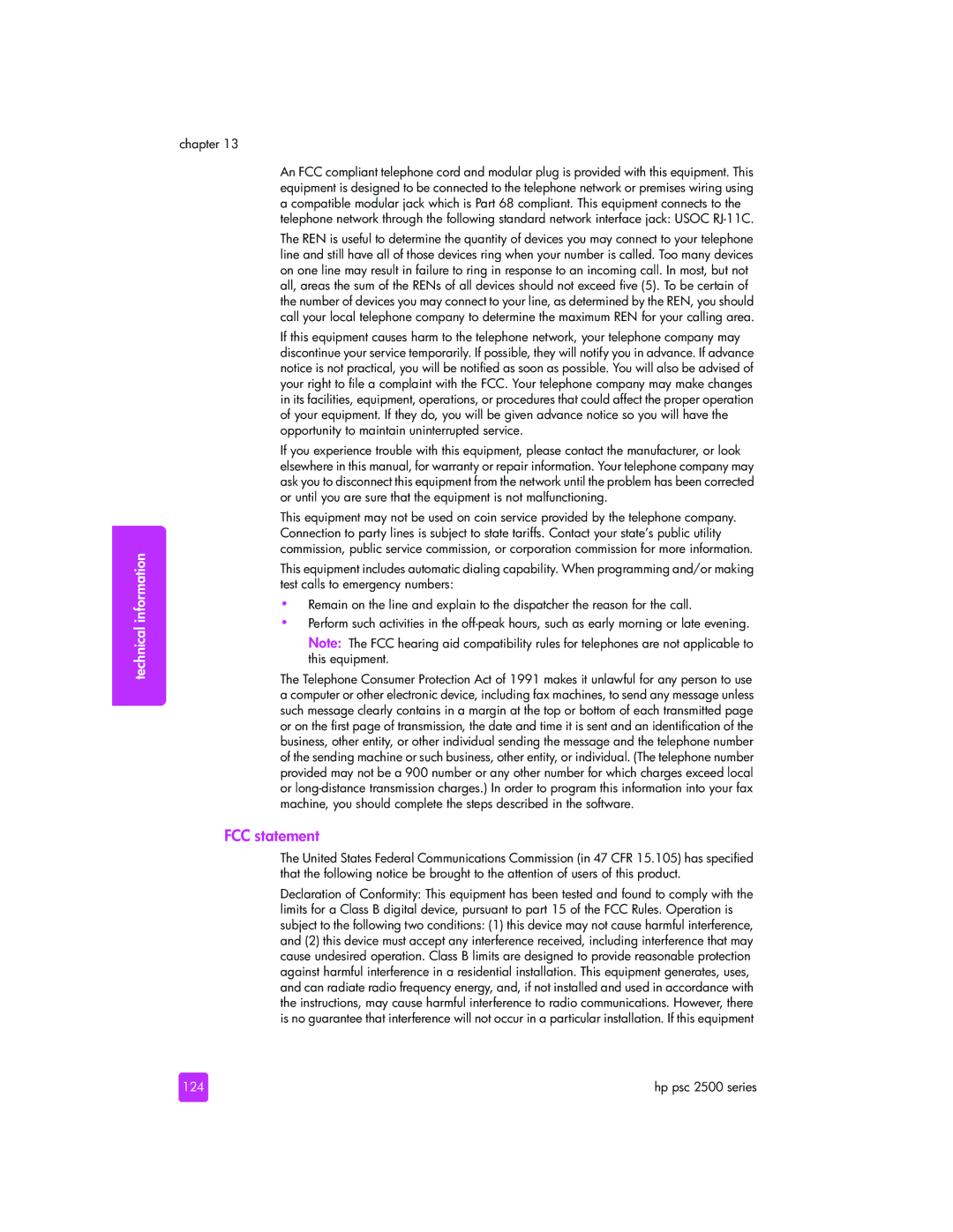 HP 2510xi manual FCC statement, 124 