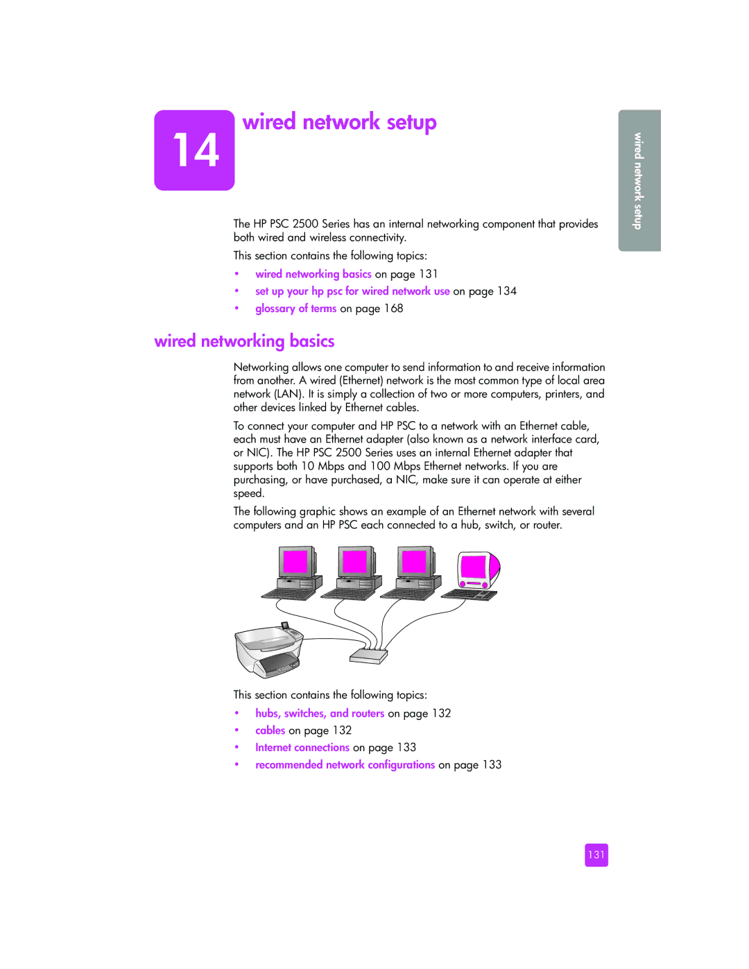 HP 2510xi manual Wired network setup, Wired networking basics, Hubs, switches, and routers on, Cables on, 131 