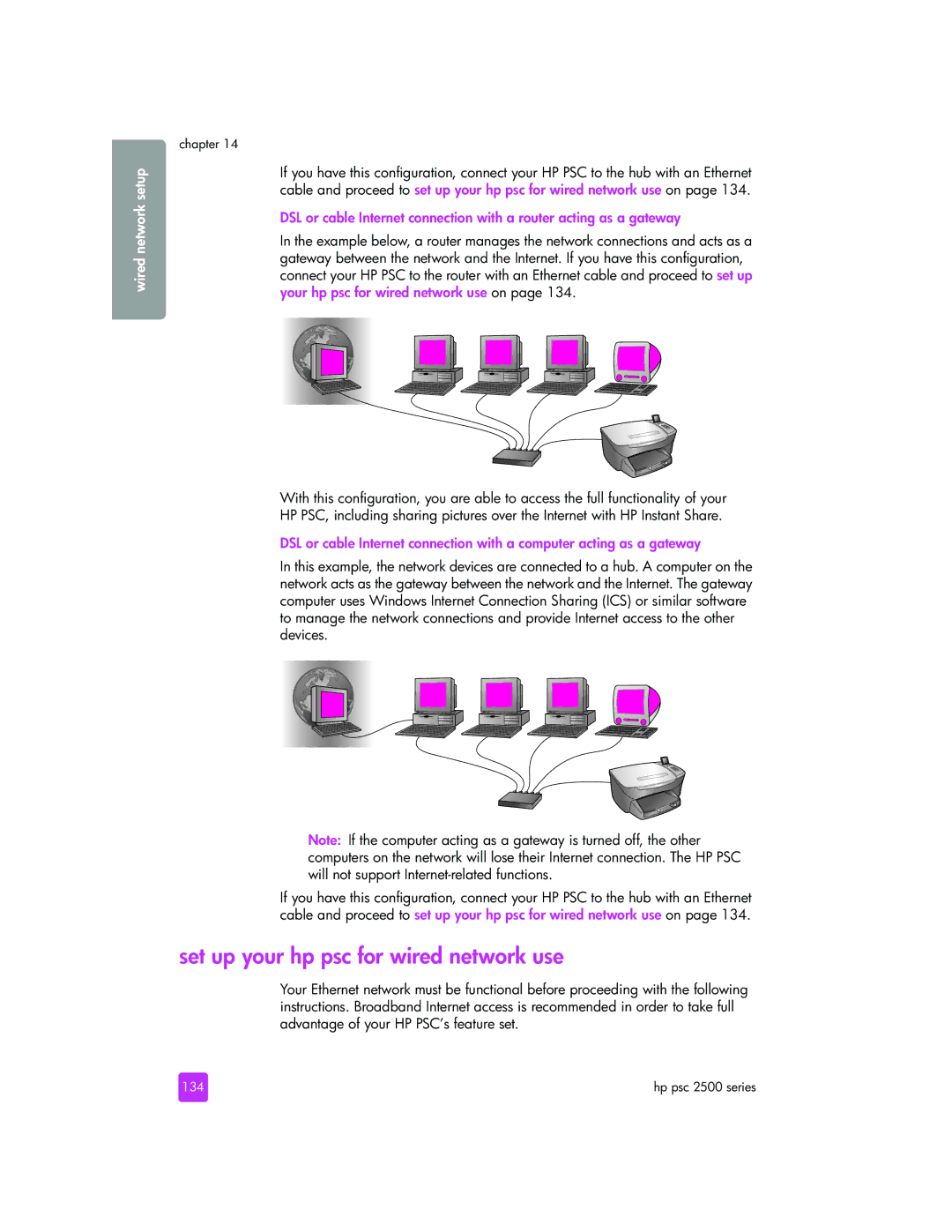 HP 2510xi manual Set up your hp psc for wired network use, 134 