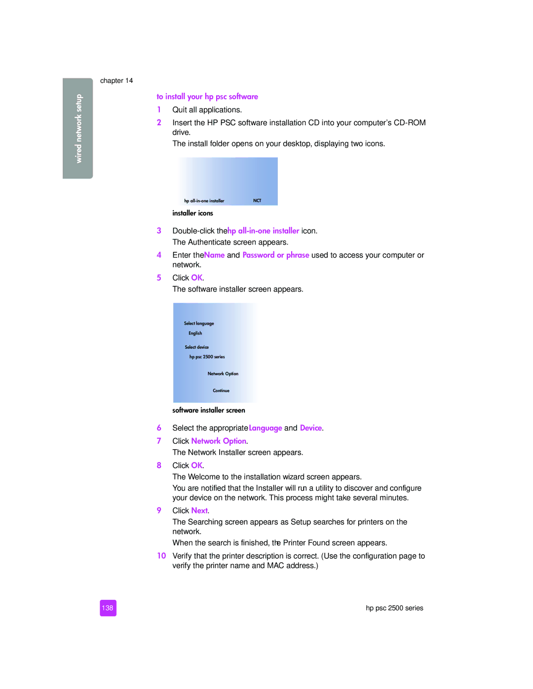 HP 2510xi manual Select the appropriate Language and Device, Click Network Option, 138 