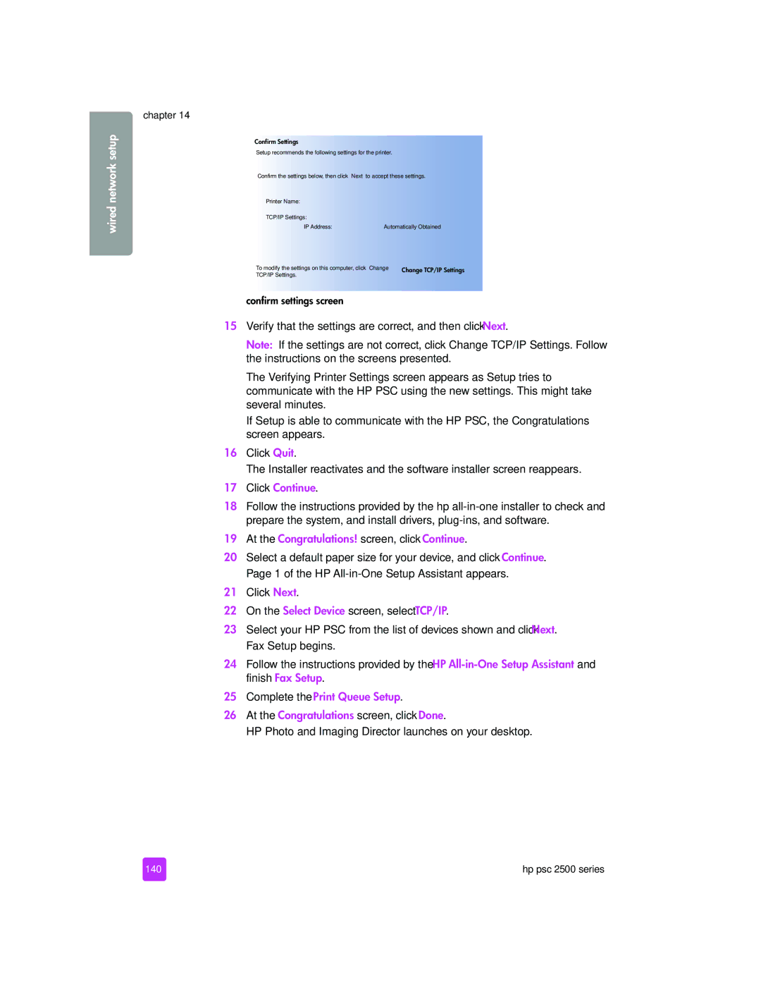 HP 2510xi manual Click Continue, At the Congratulations! screen, click Continue, Complete the Print Queue Setup, 140 