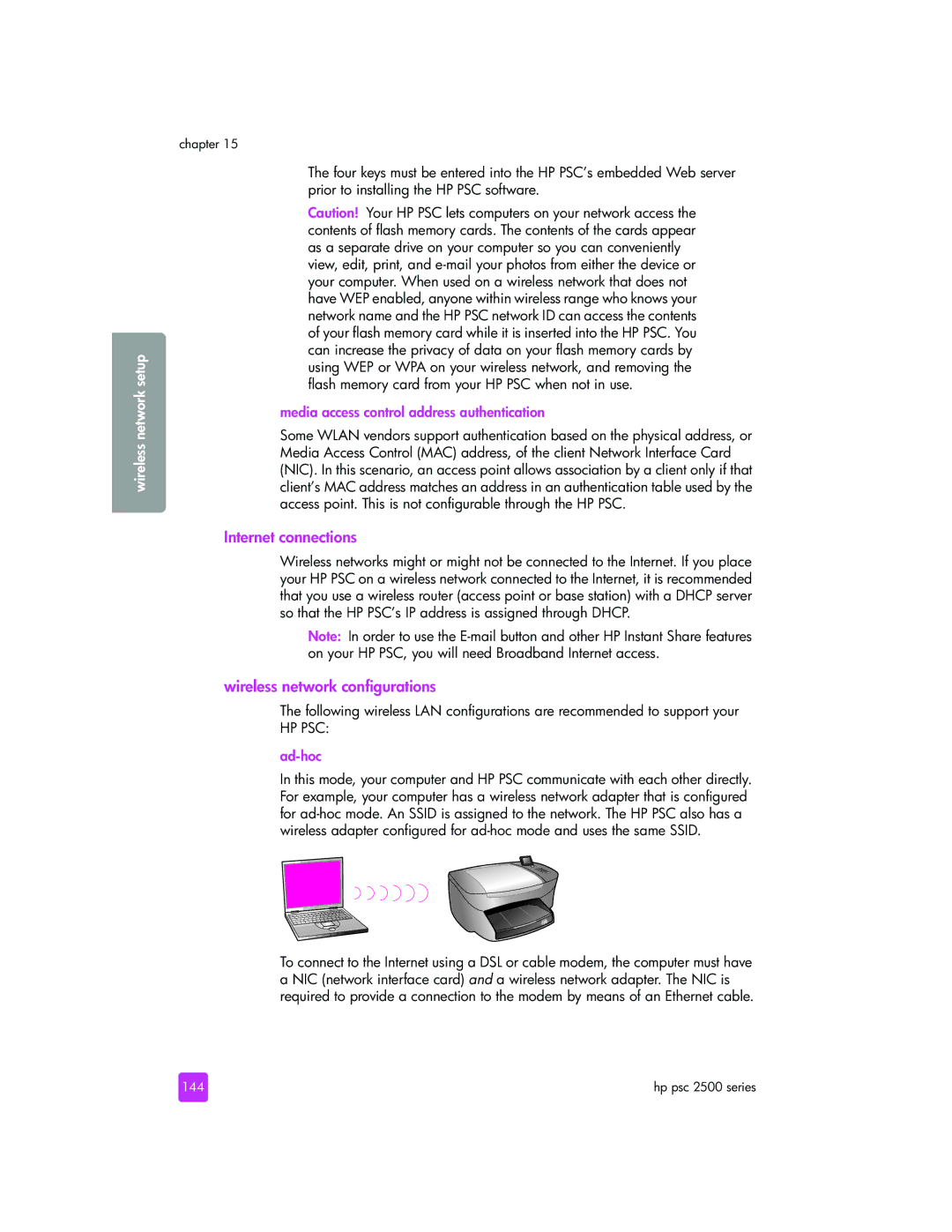 HP 2510xi manual Wireless network configurations, Media access control address authentication, Ad-hoc, 144 