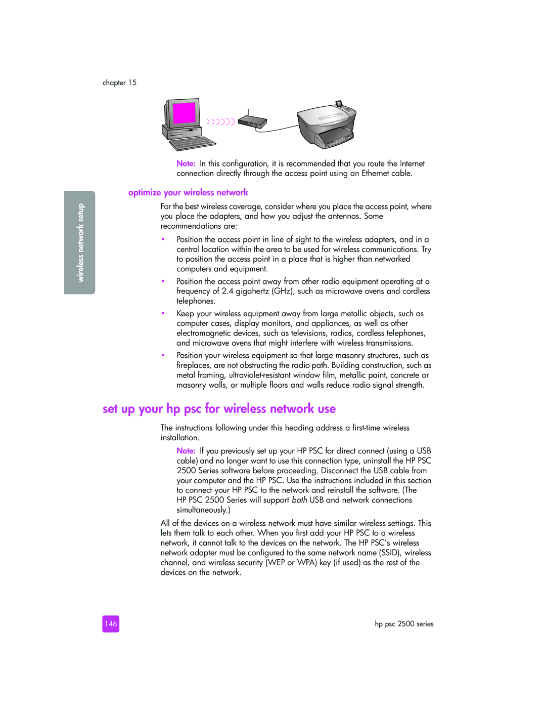 HP 2510xi manual Set up your hp psc for wireless network use, Optimize your wireless network, 146 